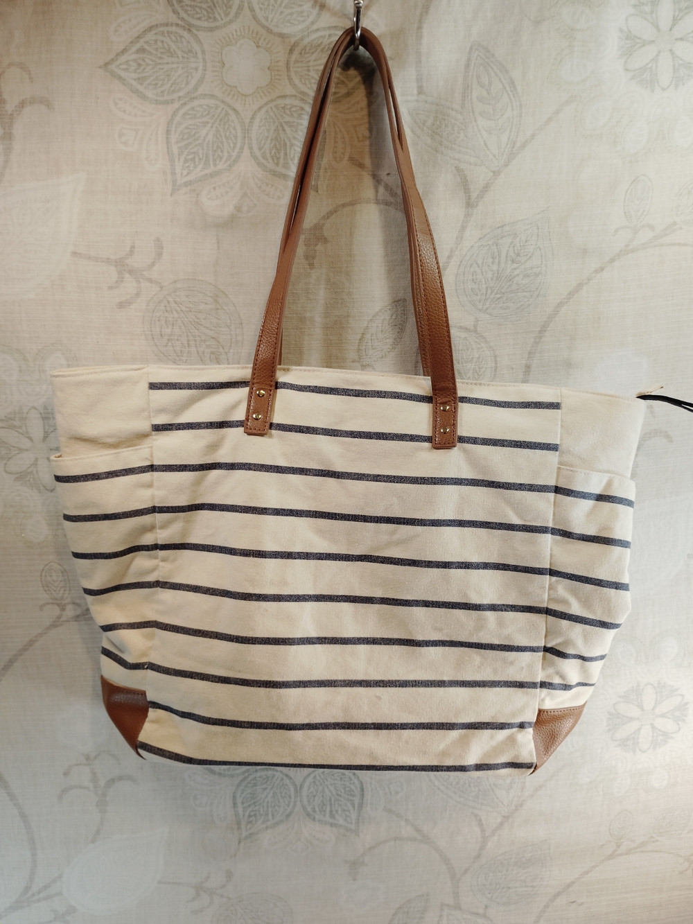 Bath & Body Works Cream and Navy Striped Canvas Shoulder Tote with Brown Handles